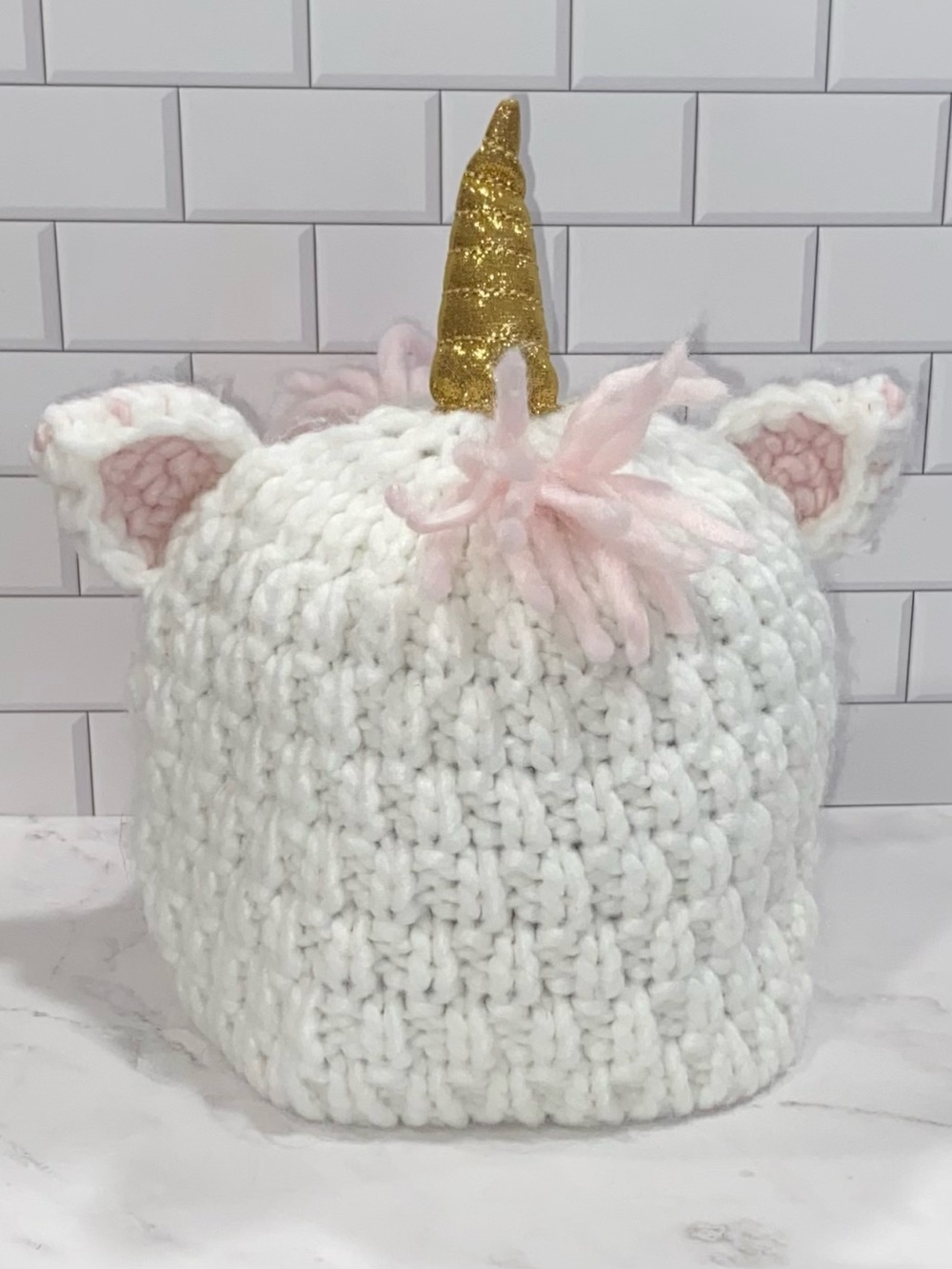 White and Pink Crochet Unicorn Hat